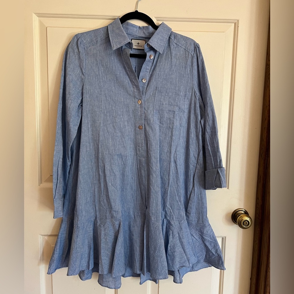 Tuckernuck Chambray Blue Ruffle-Hem Shirt Dress